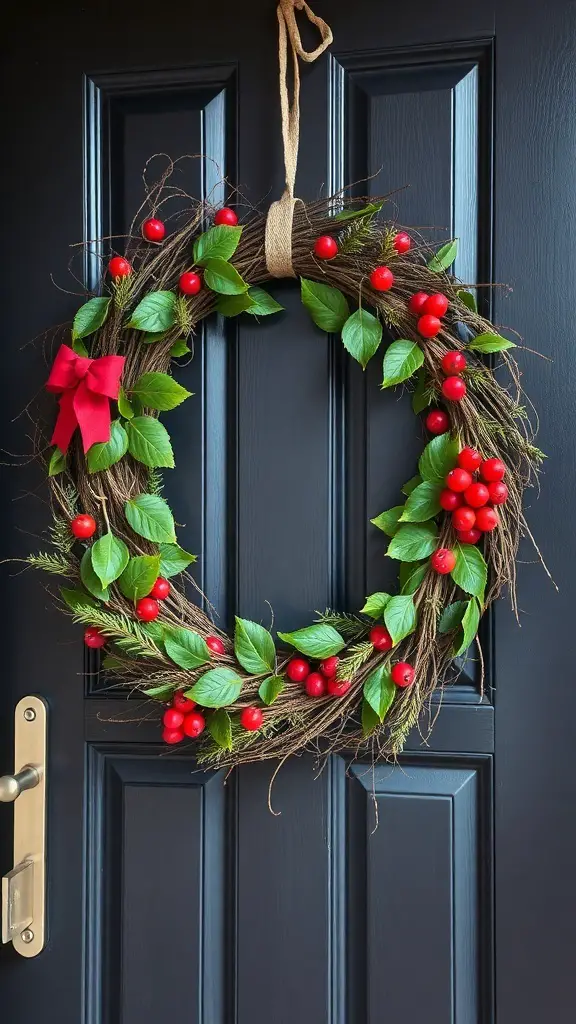 A Christmas wreath made from twigs, red berries, and green leaves, hanging on a dark door.