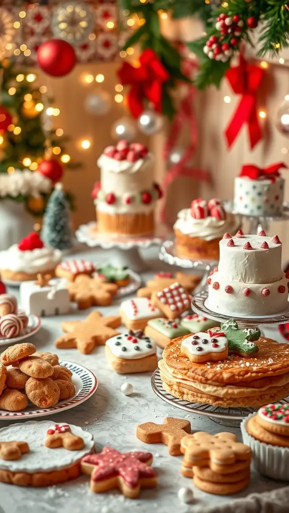 A festive dessert table filled with various Christmas treats including cakes, cookies, and decorations.