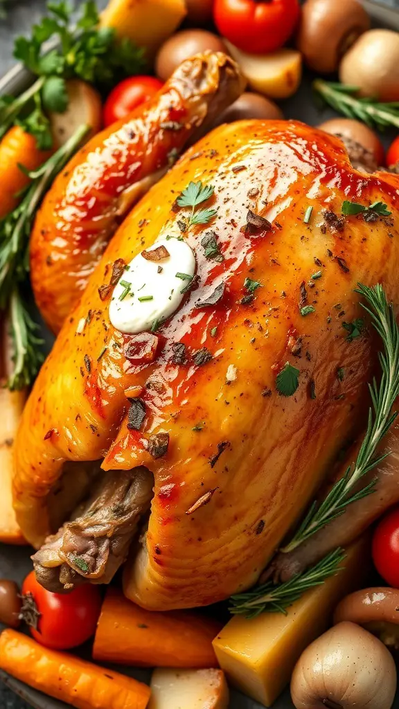 25+ Must-Have Dishes for Your Christmas Dinner Buffet 4 A beautifully roasted turkey with herb butter, surrounded by colorful vegetables.