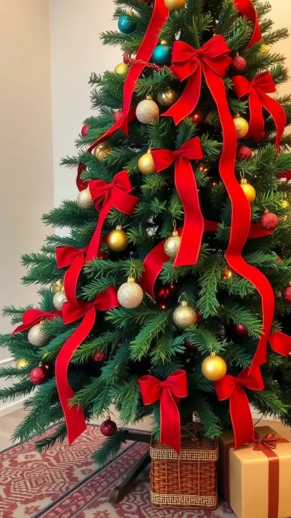 29+ Creative Christmas Tree Ribbon Decorating Ideas You’ll Love 3 A beautifully decorated Christmas tree with elegant red velvet ribbons and colorful ornaments.