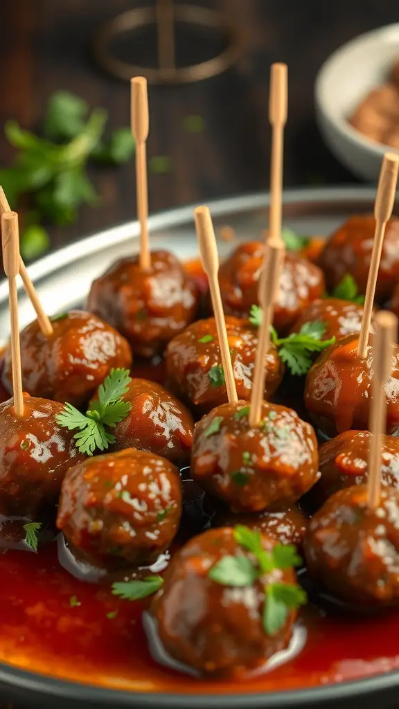 A close-up of savory meatballs coated in sauce, garnished with herbs and served with toothpicks.