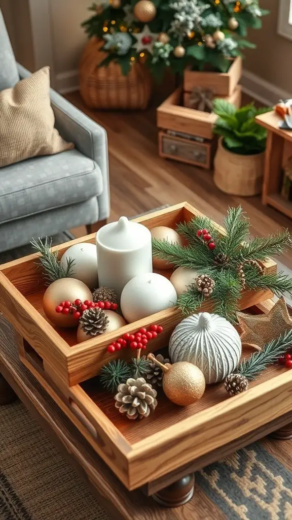 A rustic coffee table decor featuring a wooden tray with Christmas ornaments, pinecones, and greenery.