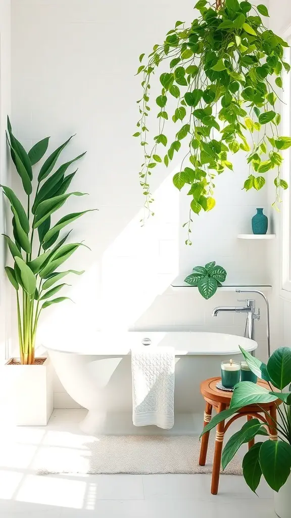 25+ Chic White Bathroom Ideas for a Timeless Look 13 A bright white bathroom featuring a bathtub, green plants, and a cozy atmosphere.
