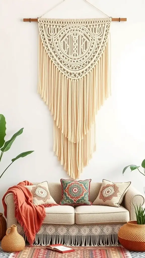 23+ Creative Above Sofa Wall Decor Ideas to Transform Your Space 3 A macramé wall hanging above a cozy sofa with colorful pillows and a warm throw.
