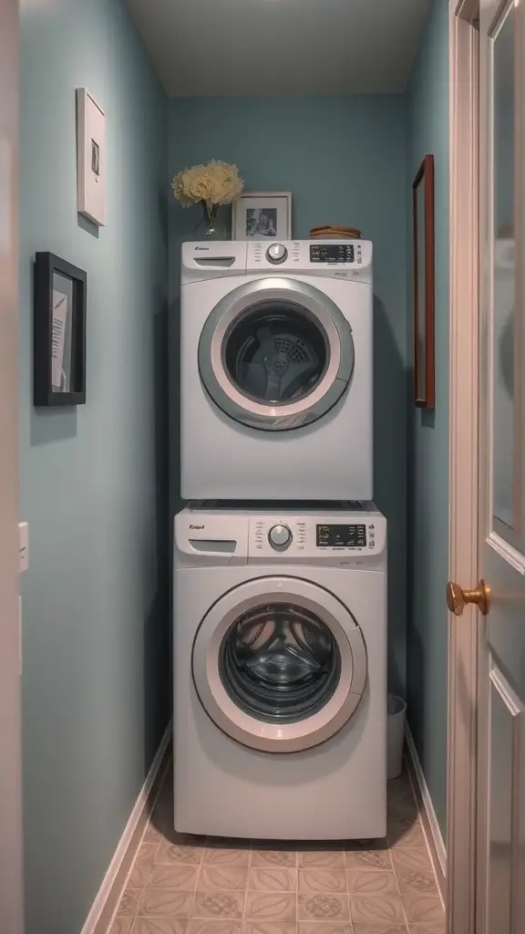 25+ Creative Bathroom Laundry Combo Ideas for Space-Saving Solutions 5 Stacked washer and dryer in a narrow hallway with light blue walls and decorative frames.