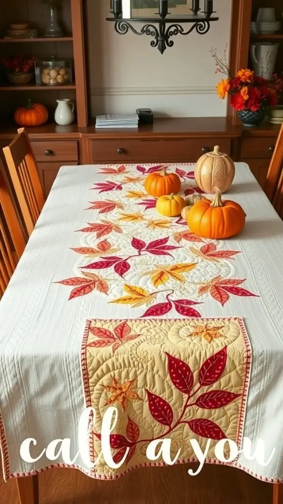Handmade quilted table runner with autumn leaves, pumpkins, and a cozy dining setup