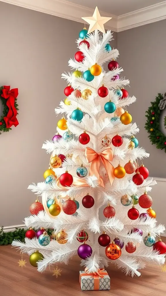 A white Christmas tree decorated with colorful ornaments and a peach bow, set in a cozy room.