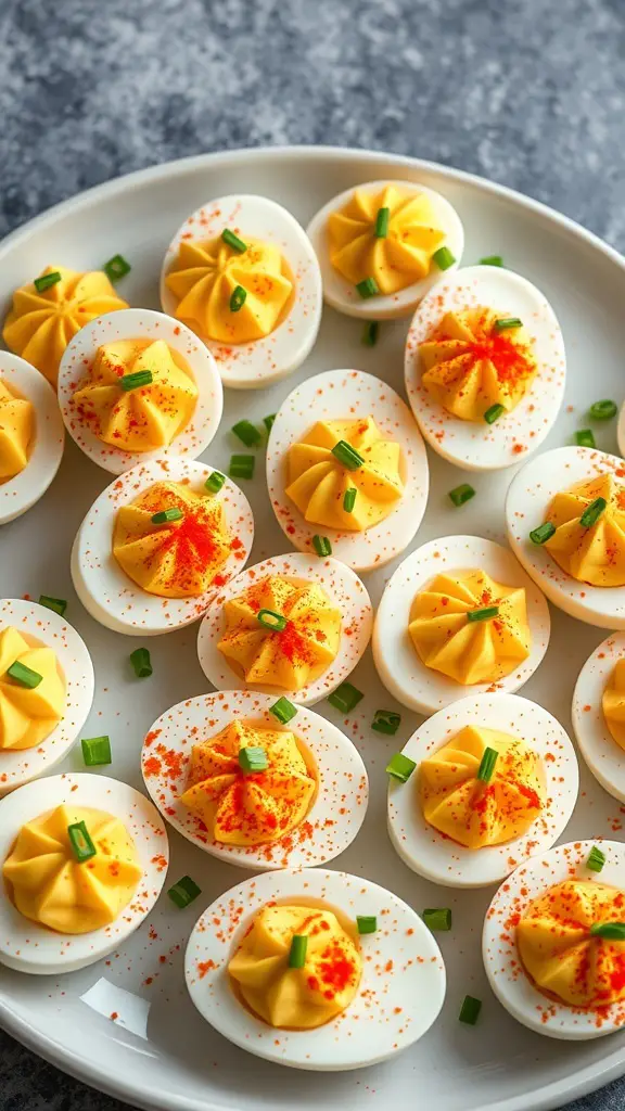 A platter of deviled eggs topped with paprika and green onions