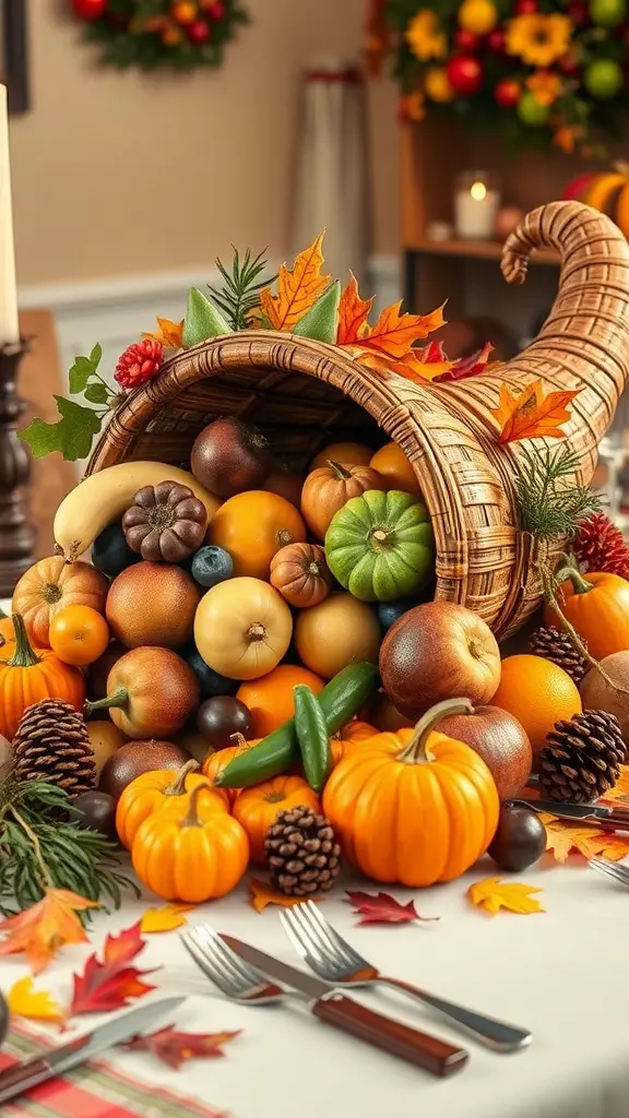 A cornucopia filled with colorful fruits and vegetables, surrounded by autumn leaves and pinecones.