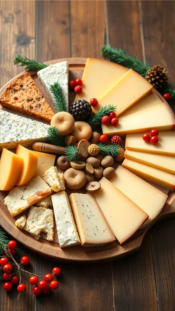 A festive cheese selection on a charcuterie board with various cheeses, nuts, and holiday decorations.