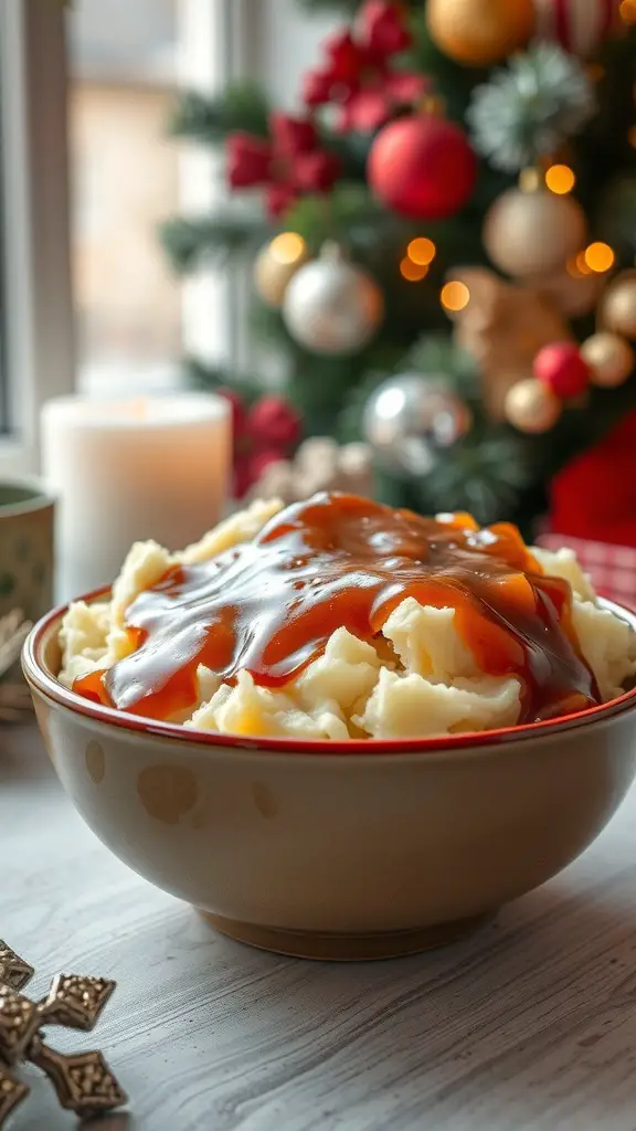 A bowl of creamy mashed potatoes topped with gravy, set against a festive Christmas backdrop.