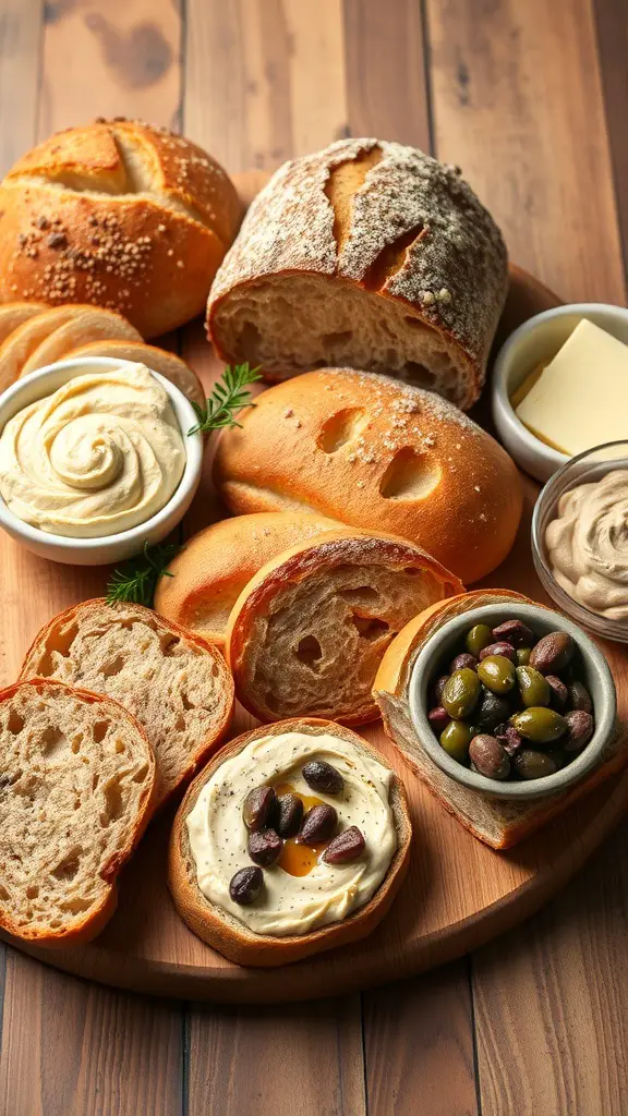 A wooden platter featuring various artisan breads and spreads, including butter, hummus, and olives.