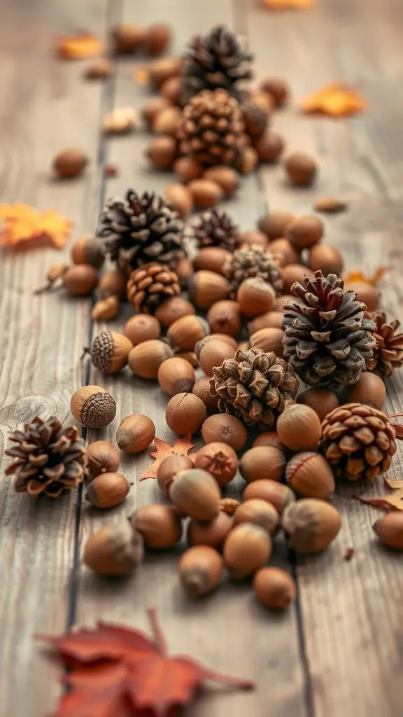 A collection of acorns and pinecones scattered on a wooden table, creating a natural and rustic decoration.