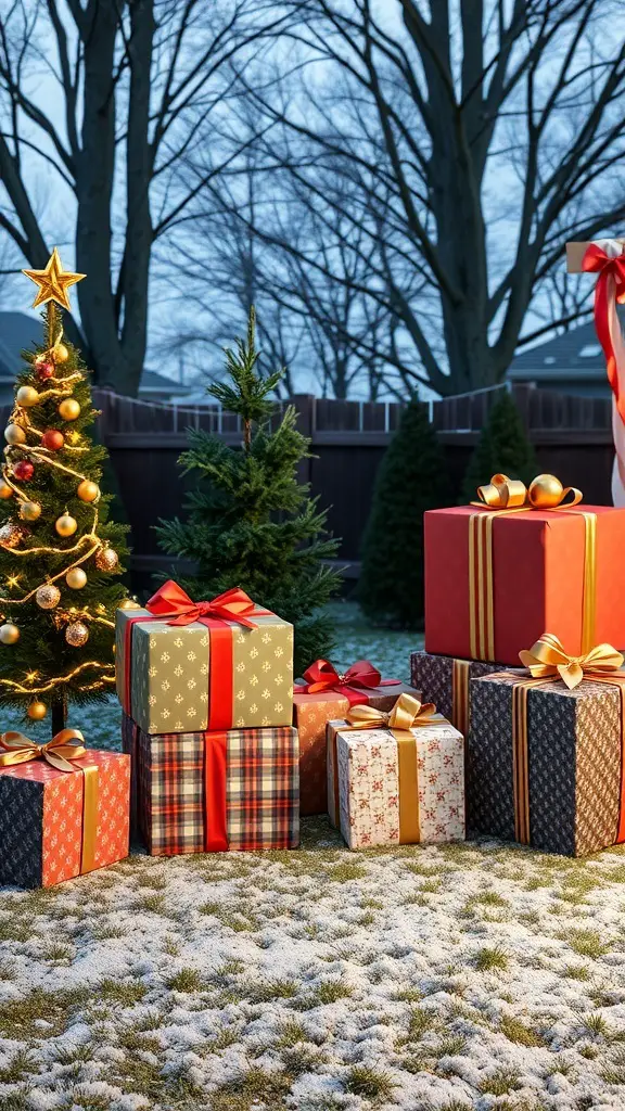 Giant Christmas gift boxes in a snowy backyard with a decorated tree.
