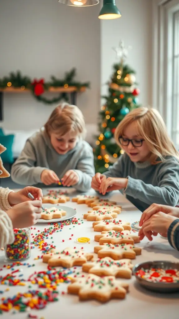 A group of children decorating Christmas cookies with colorful sprinkles and icing.