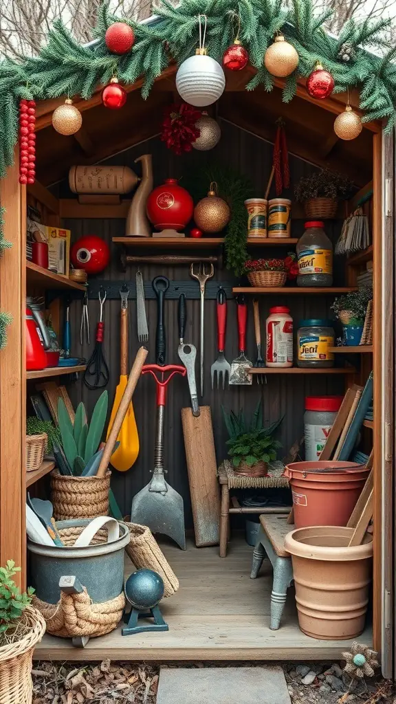 29+ Must-Have Christmas Wishlist Ideas for Everyone 10 A cozy garden shed filled with various gardening tools, pots, and festive decorations.