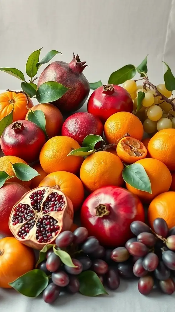 29+ Festive Grazing Table Ideas for a Perfect Christmas Celebration 4 A colorful display of fruits including oranges, pomegranates, and grapes arranged beautifully.