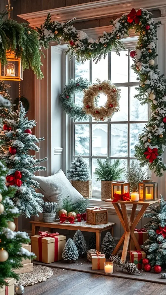 A cozy indoor Christmas vignette with snowy decor, featuring a window framed with greenery, a wreath, lanterns, gifts, and small potted trees.