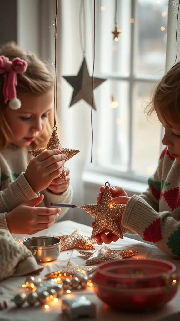 Children decorating glittery star ornaments for Christmas