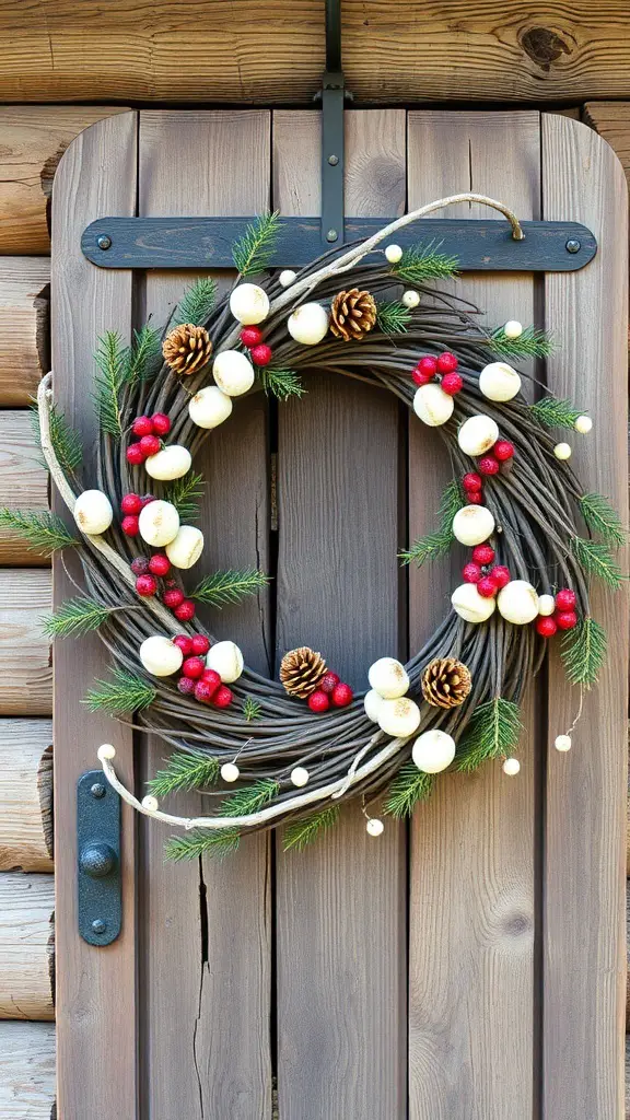 A grapevine wreath decorated with pinecones, red berries, and white ornaments, hanging on a wooden door.