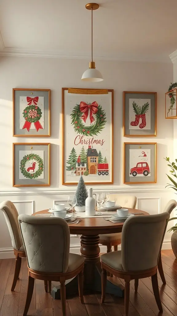 A beautifully decorated dining room for Christmas with festive artwork on the walls and a set table.