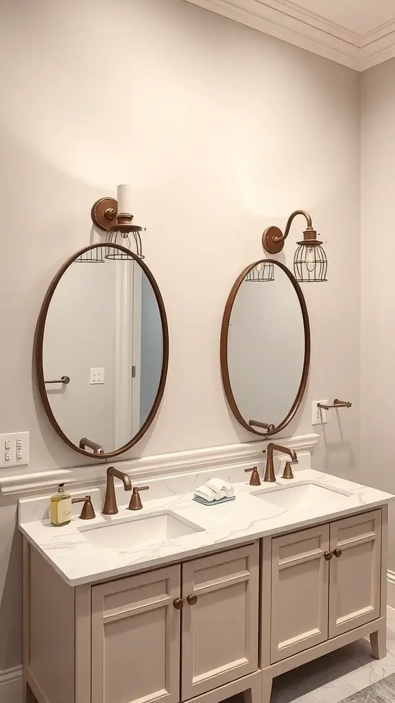 25+ Stunning Double Vanity Lighting Ideas for Your Bathroom 10 A bathroom with classic wall-mounted fixtures, featuring two round mirrors and a double vanity.