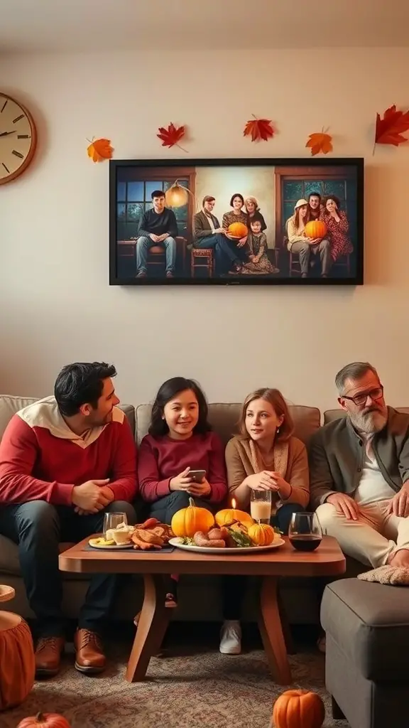 A family enjoying a cozy Thanksgiving gathering with snacks and decorations.