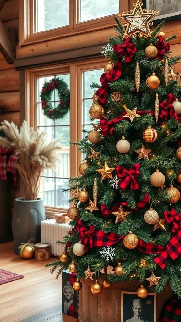 A beautifully decorated rustic Christmas tree in a cozy cabin setting.