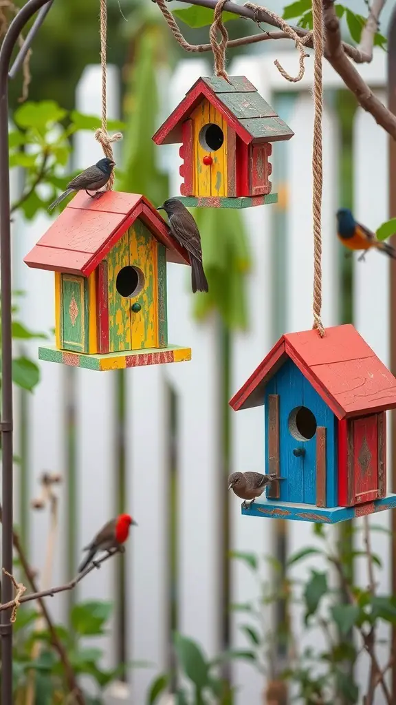 Colorful DIY birdhouses hanging in a garden with birds perched on them.