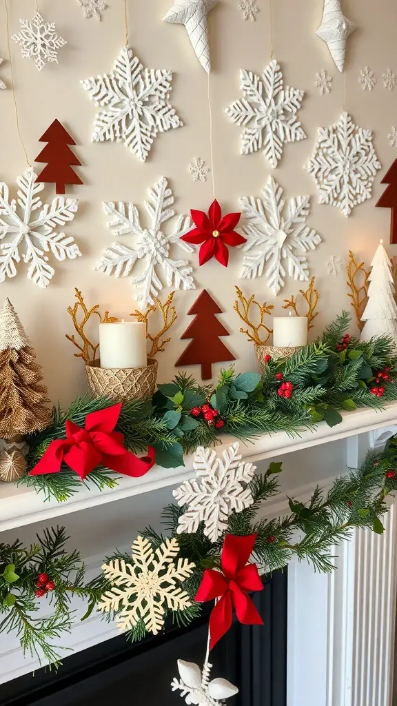 A display of handcrafted paper decorations including snowflakes, red poinsettias, and small trees, arranged on a wall and mantel with greenery and candles.