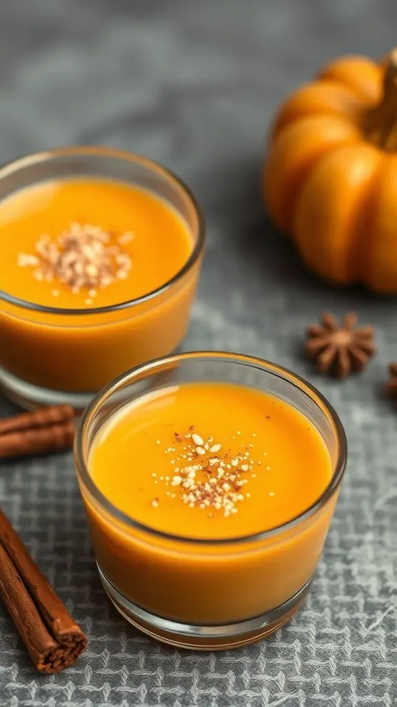 29+ Delicious Thanksgiving Appetizers to Impress Your Guests 13 Two glasses of spiced butternut squash soup with cinnamon sticks and a small pumpkin in the background.