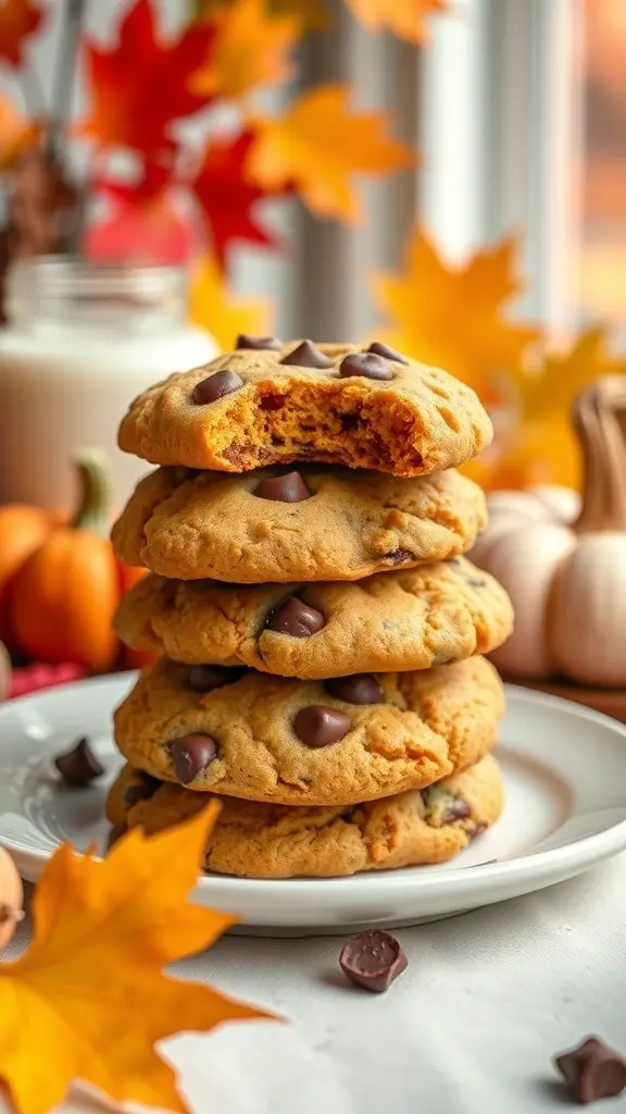 25+ Delicious Thanksgiving Desserts Perfect for a Crowd 14 A stack of chocolate chip pumpkin cookies with a bite taken out of the top cookie, surrounded by autumn leaves and pumpkins.