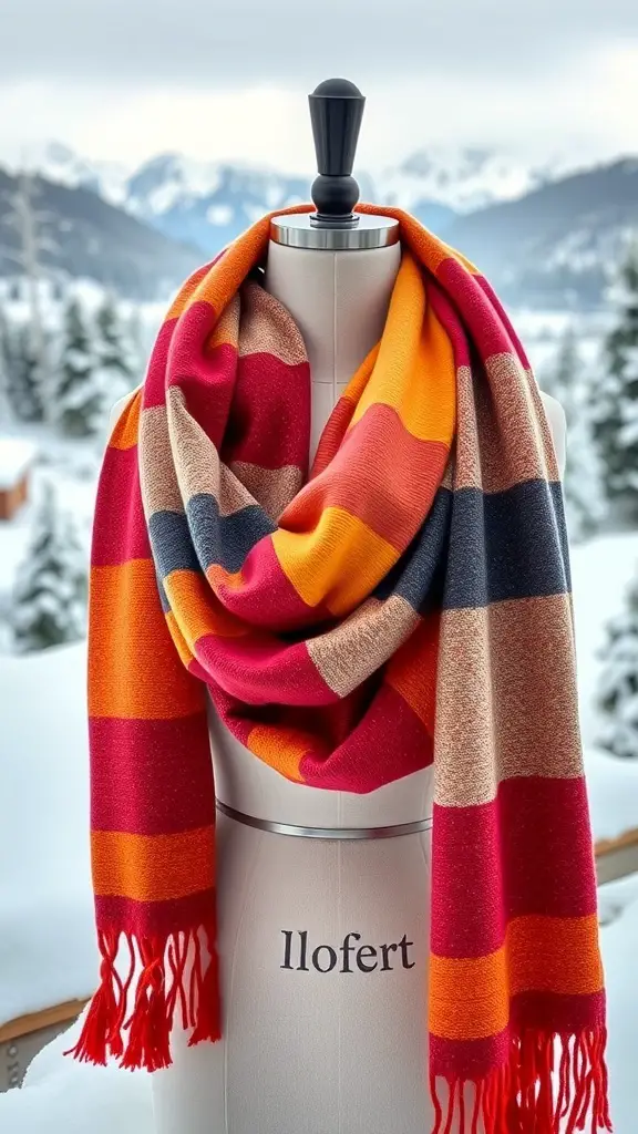 A colorful striped scarf displayed on a mannequin against a snowy mountain backdrop.