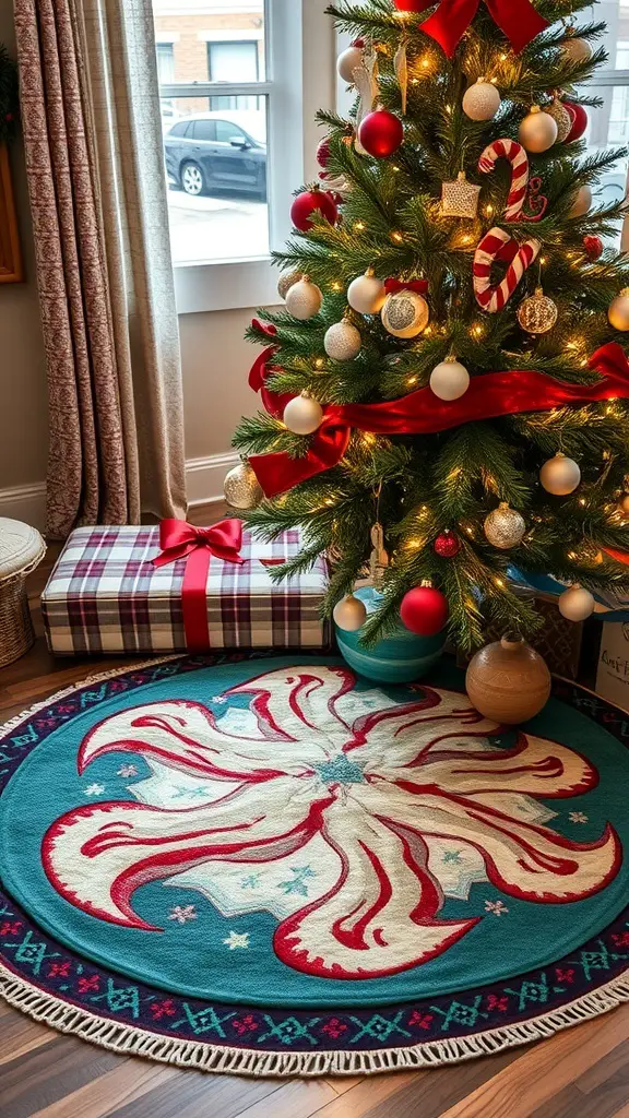 25+ Creative Nightmare Before Christmas Tree Ideas for Holiday Magic 4 A colorful tree skirt inspired by Sandy Claws from The Nightmare Before Christmas, featuring a snowflake design in red, white, and turquoise.