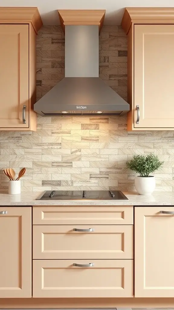 29+ Warm Neutral Kitchen Ideas to Transform Your Space 4 A stylish warm neutral kitchen featuring a textured tile backsplash and modern appliances.