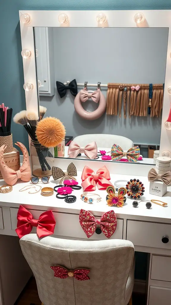 A collection of trendy hair accessories displayed on a vanity, including bows, clips, and bracelets.