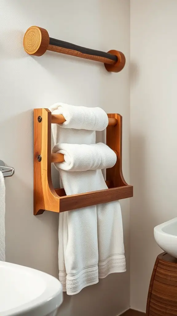 Rustic wood towel rack holding rolled white towels in a modern bathroom setting.