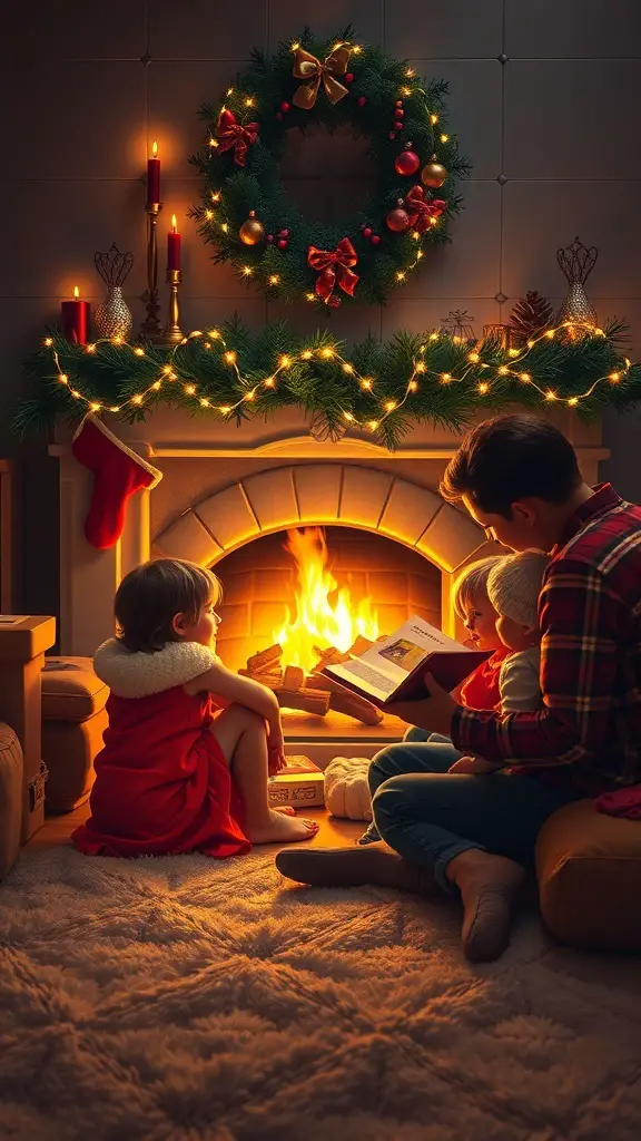 27+ Fun Christmas Activities for Kids to Enjoy This Holiday Season 4 A cozy holiday scene with a parent reading to two children by a fireplace decorated for Christmas.