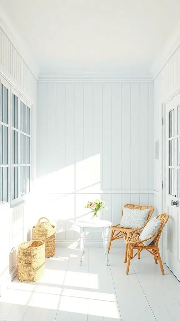 25+ Stylish Wall Trim Ideas to Enhance Your Home Decor 5 A bright room featuring beadboard walls, wicker chairs, and natural light.
