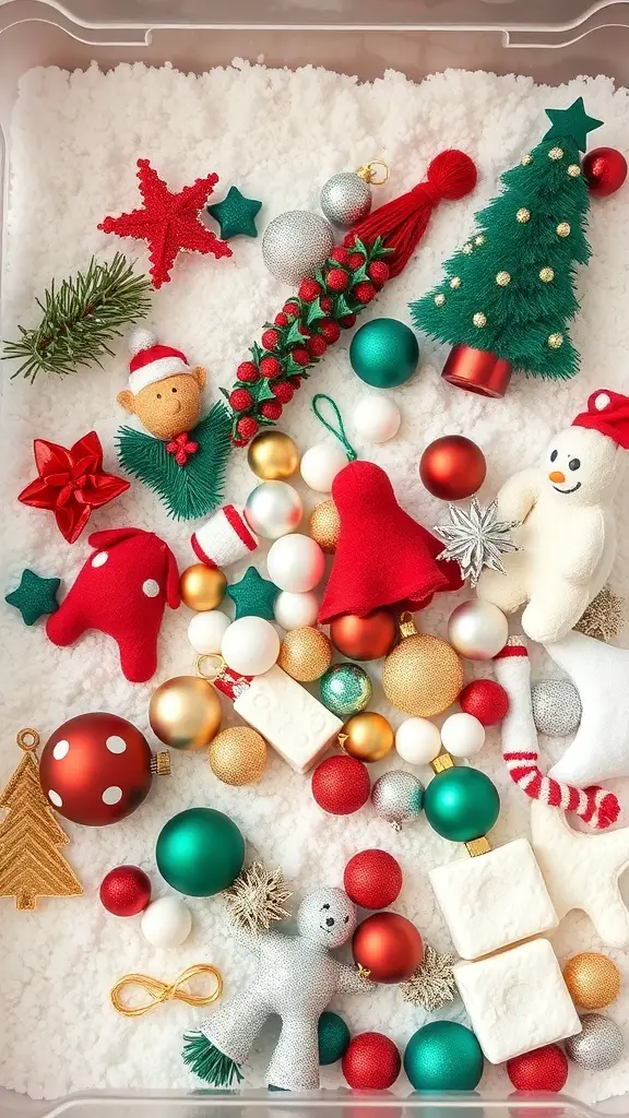 29+ Fun Christmas Activities for Babies to Celebrate the Holiday Season 9 A colorful Christmas-themed sensory bin filled with festive decorations and textures.