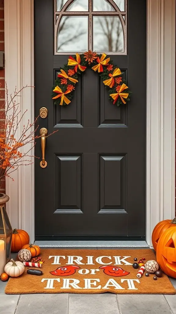 A Halloween door mat with 'TRICK or TREAT' text, surrounded by pumpkins and autumn decorations.