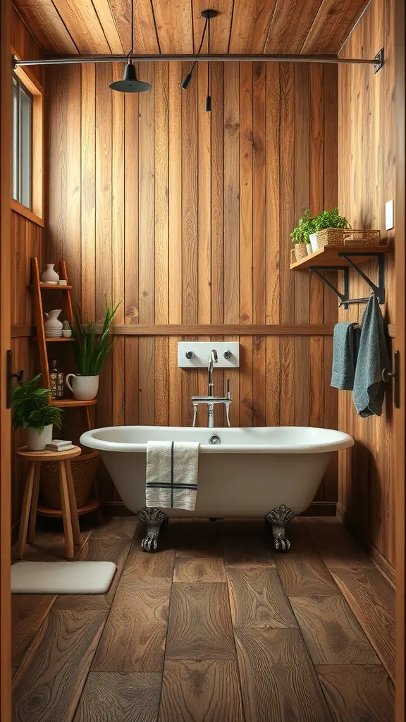 29+ Stunning Bathroom Flooring Ideas to Transform Your Space 12 A rustic bathroom featuring wood-look tiles, a white bathtub, and plants.