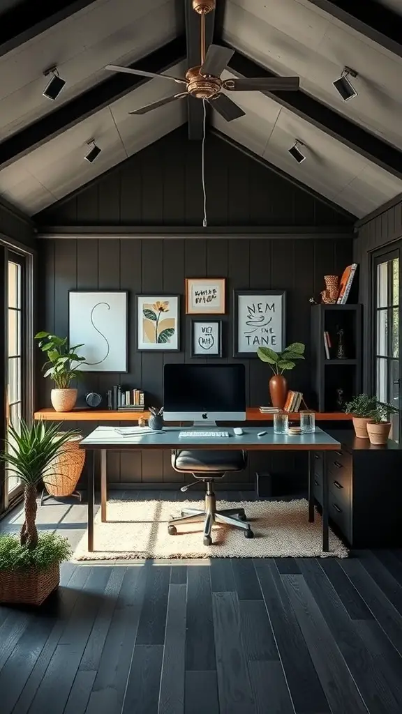 25+ Stunning Black Barndominium Designs You’ll Love 14 A stylish home office with dark walls, a large desk, and plants.