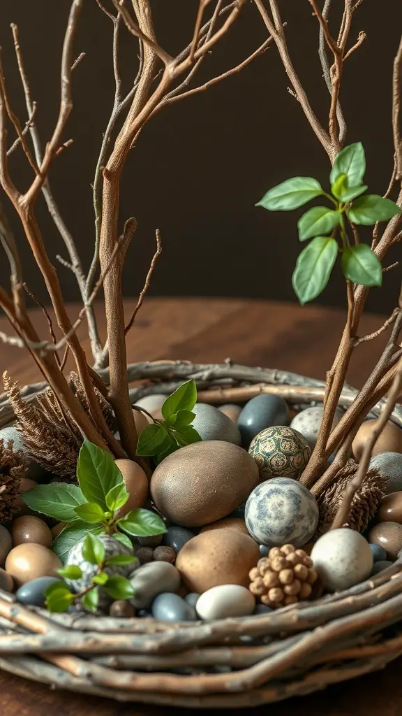 A natural elements centerpiece with twigs, stones, and greenery.