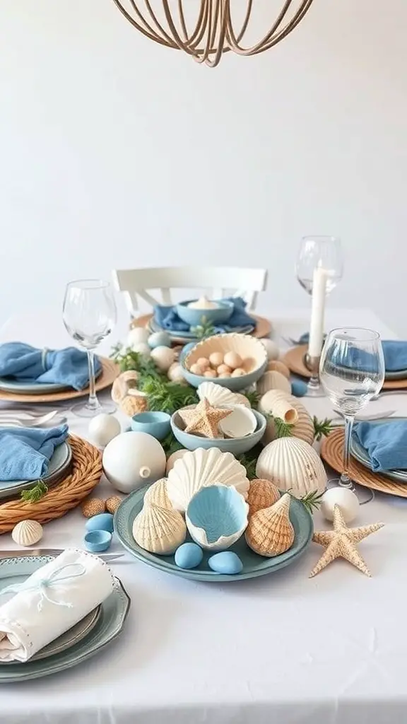 Nautical-themed Thanksgiving table setting with seashells, blue plates, and natural elements.