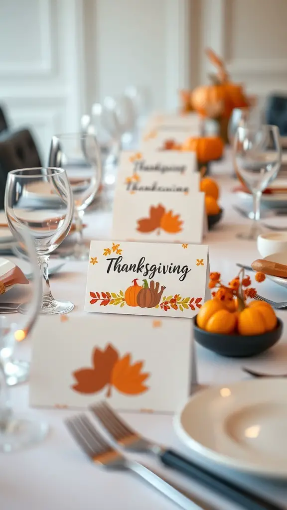 Thanksgiving-themed place cards on a beautifully set table with pumpkins and autumn decorations.