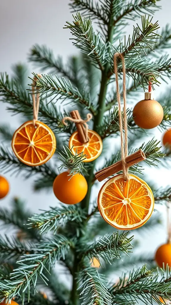 A Christmas tree decorated with dried orange slice ornaments and golden baubles.