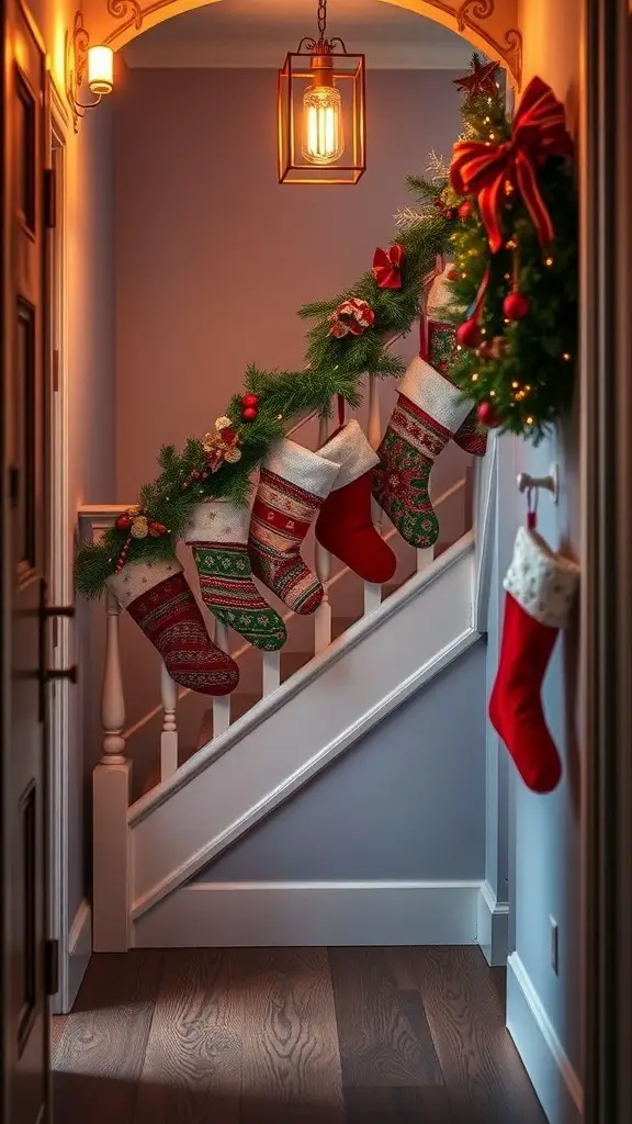 27+ Festive Christmas Hallway Ideas to Transform Your Home 7 A staircase decorated with colorful Christmas stockings and a garland