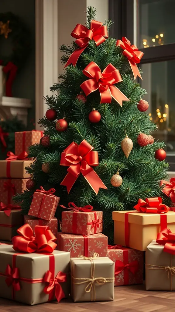 A beautifully decorated Christmas tree with red bows and wrapped gifts.