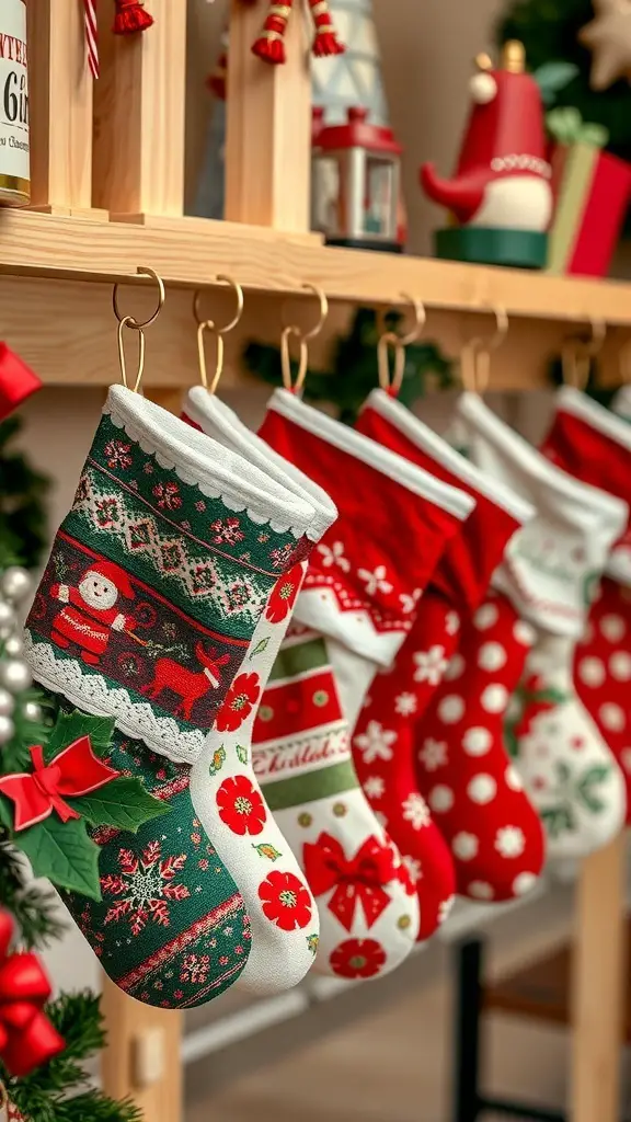 Colorful Christmas stockings hanging from a wooden shelf with festive designs.
